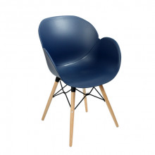 Scaun din plastic şi picioare de lemn cu suport metalic 590x580x850 mm, albastru închis